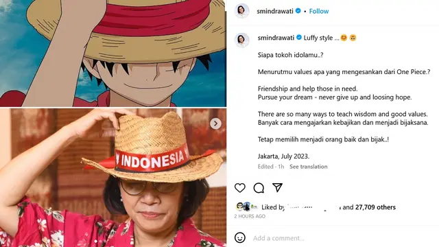 Menteri keuangan Sri Mulyani bergaya ala Luffy One Piece. (Instagram/ smindrawati)