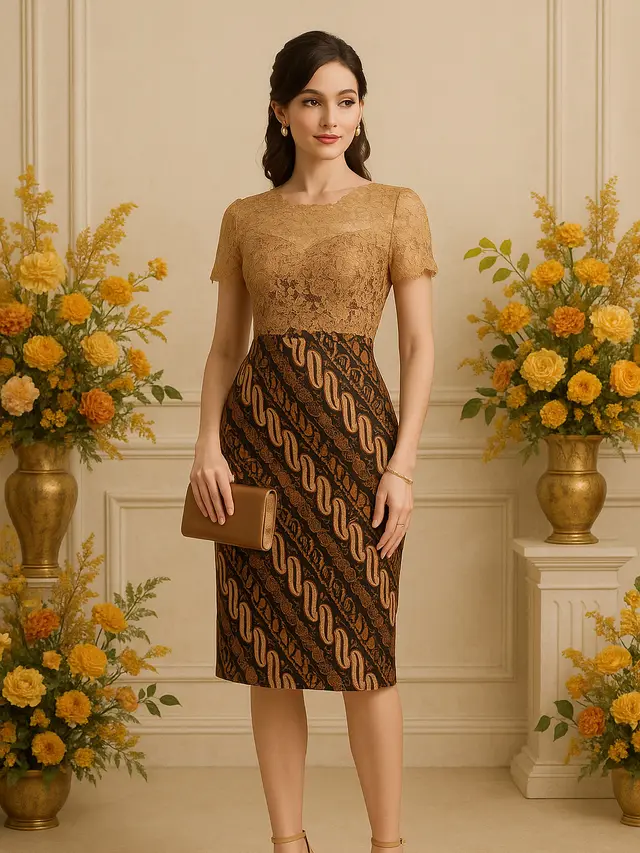Model Dress Batik Kombinasi Brokat Lengan Pendek