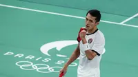 Tunggal putra Indonesia, Jonatan Christie, pada laga pertama Olimpiade Paris 2024 di Porte de la Chapelle Arena, Sabtu (27/7/2024). (PBSI/Badmintonphoto/Yohan Nonotte)