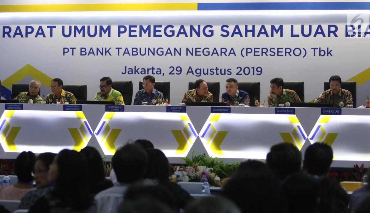 Suasana Rapat Umum Pemegang Saham Luar Biasa (RUPSLB) di Menara Bank BTN, Jakarta, Kamis (29/8/2019).  Dalam RUPSLB tersebut terdapat tiga agenda yang dibahas yaitu evaluasi kinerja semester I 2019, akuisisi Perusahaan Modal Ventura dan perubahan susunan pengurus bank. (Liputan6.com/Angga Yuniar)