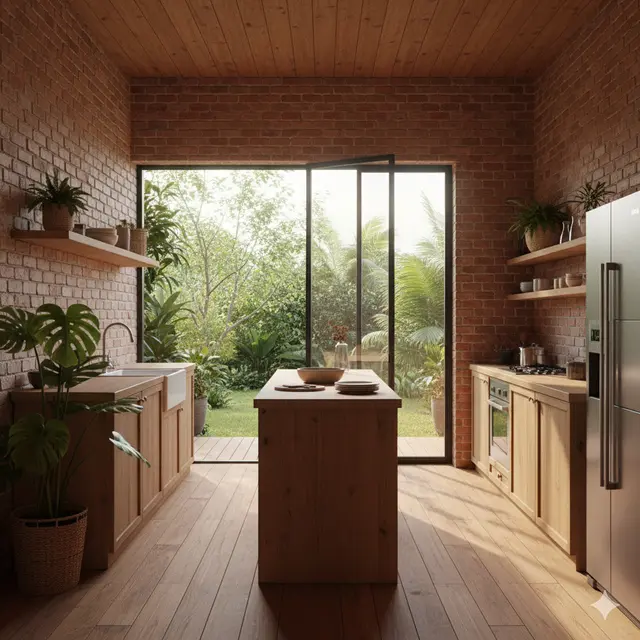 Model Dapur Rustic Tropis dengan Pencahayaan Alami dan Dinding Bata Merah. Gemini