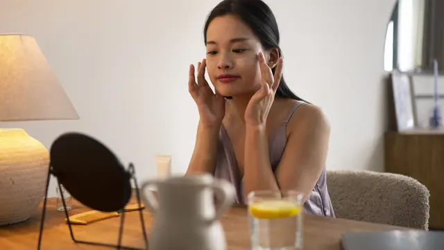 Seorang perempuan melakukan face massage di rumah (Foto Dok: Freepik/freepik)