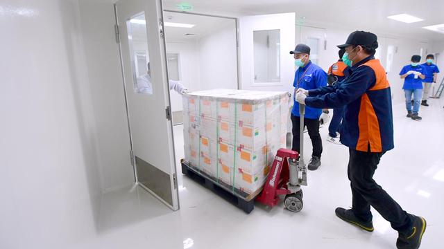 Vaksin Covid-19 buatan Sinovac langsung dibawa ke Kantor Pusat Bio Farma di Kota Bandung, setelah tiba di Bandara Internasional Soekarno-Hatta, Minggu 6 November 2020 malam.