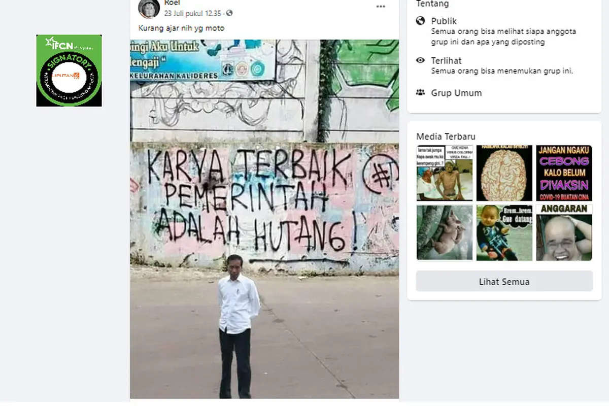 penelusuran  klaim foto Presiden Jokowi berfoto di depan tembok bertuliskan karya terbaik pemerintah adalah utang