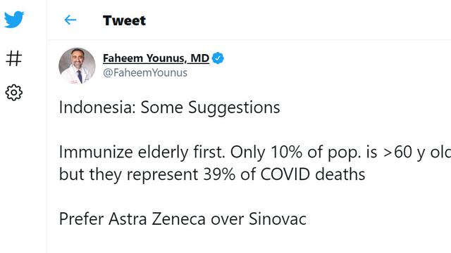 Dr. Faheem Younus dari Universitas Maryland menyarankan Indonesia memakai Astrazeneca ketimbang Sinovac untuk melawan COVID-19.