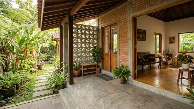 Desain Rumah Lantai Semen Ekspos Halus, Terlihat Elegan, Bersih dan Bikin Nyaman Model Teras Rumah dan Area Entryway dengan Lantai Semen Ekspos