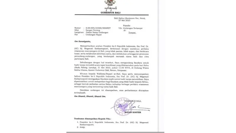 Surat undangan rapat koordinasi dari Gubernur Bali Wayan Koster yang viral di media sosial.