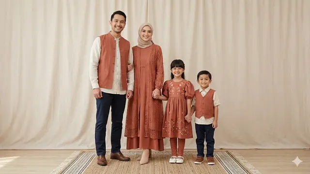 Model Baju Lebaran Keluarga Tema Earth Tone. AI