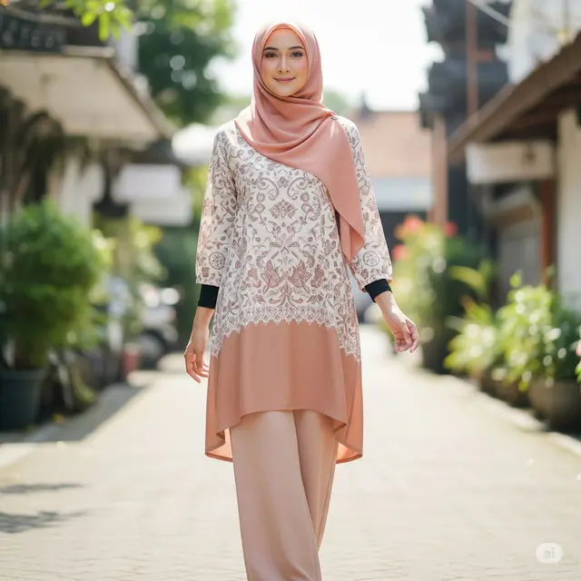 Tunik Batik Panjang Kombinasi Polos