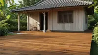 Perpaduan Lantai Teras Motif Kayu dengan Rumah Desa Sederhana