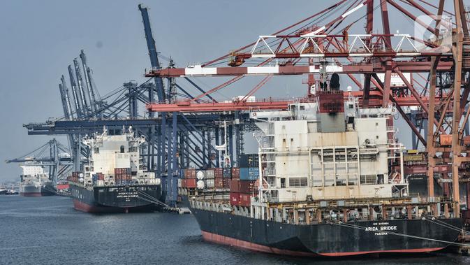 Aktivitas bongkar muat kontainer di dermaga ekspor impor Pelabuhan Tanjung Priok, Jakarta, Rabu (5/8/2020). Menurut BPS, pandemi COVID-19 mengkibatkan impor barang dan jasa kontraksi -16,96 persen merosot dari kuartal II/2019 yang terkontraksi -6,84 persen yoy. (merdeka.com/Iqbal S. Nugroho)