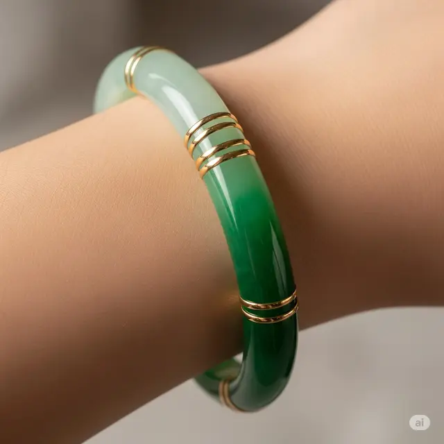 Gelang Giok Efek Ombre dengan Accent Emas
