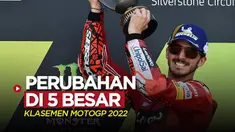 Berita motion grafis klasemen sementara 5 besar pembalap MotoGP 2022 setelah Pecco Bagnaia menjadi juara di seri Inggris.
