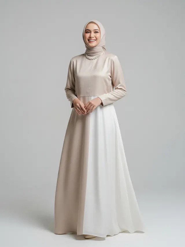 Model Gamis Beige & Putih Minimalis untuk Ramadan 2026 Desain Maxmara Kilau Lembut