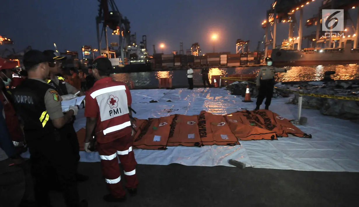 Kantong jenazah korban jatuhnya pesawat Lion Air JT 610 terlihat di posko evakuasi JICT 2, Tanjung Priok, Jakarta, Kamis (1/11). (Merdeka.com/Iqbal S. Nugroho)