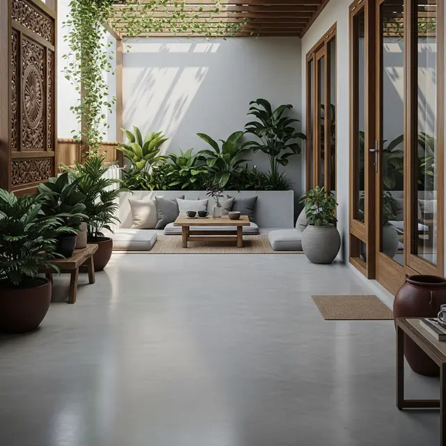 Model Teras Rumah dengan Lantai Semen Polos yang Estetik. (Foto: AI)
