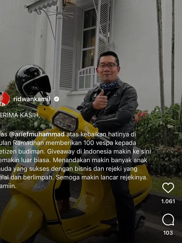 Unggahan Arief Muhammad soal vespa untuk Ridwan Kamil. (Foto: Dok. Instagram @ariefmuhammad)