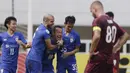 Para pemain Lao Toyota FC merayakan gol yang dicetak Kazou Homma ke gawang PSM Makassar pada laga Piala AFC 2019 di Stadion Pakansari, Bogor, Rabu (13/3). PSM menang 7-3 atas Lao. (Bola.com/M. Iqbal Ichsan)