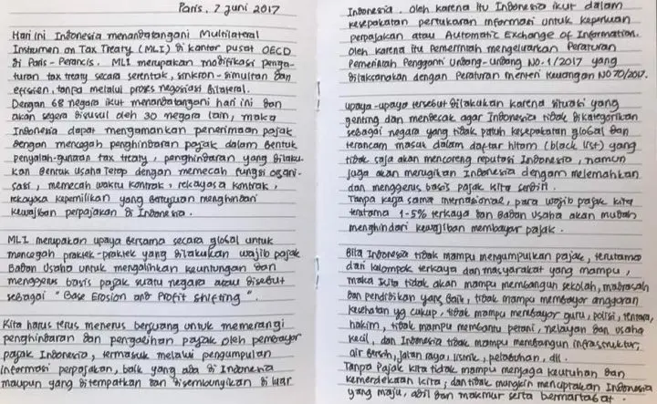 Surat Menteri Keuangan Sri Mulyani soal penandatanganan Multilateral Instrument on Tax Treaty (MLI) di Paris, Prancis.(Akun Facebook Menkeu Sri Mulyani) (3)