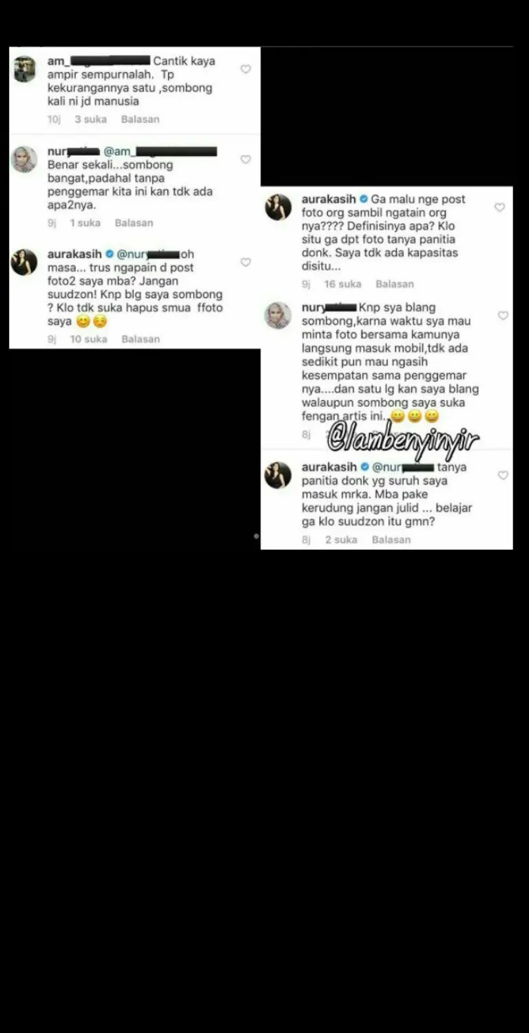 Aura Kasih berdebat dengan seorang penggemar di Instagram. [foto: instagram/nuryatina]