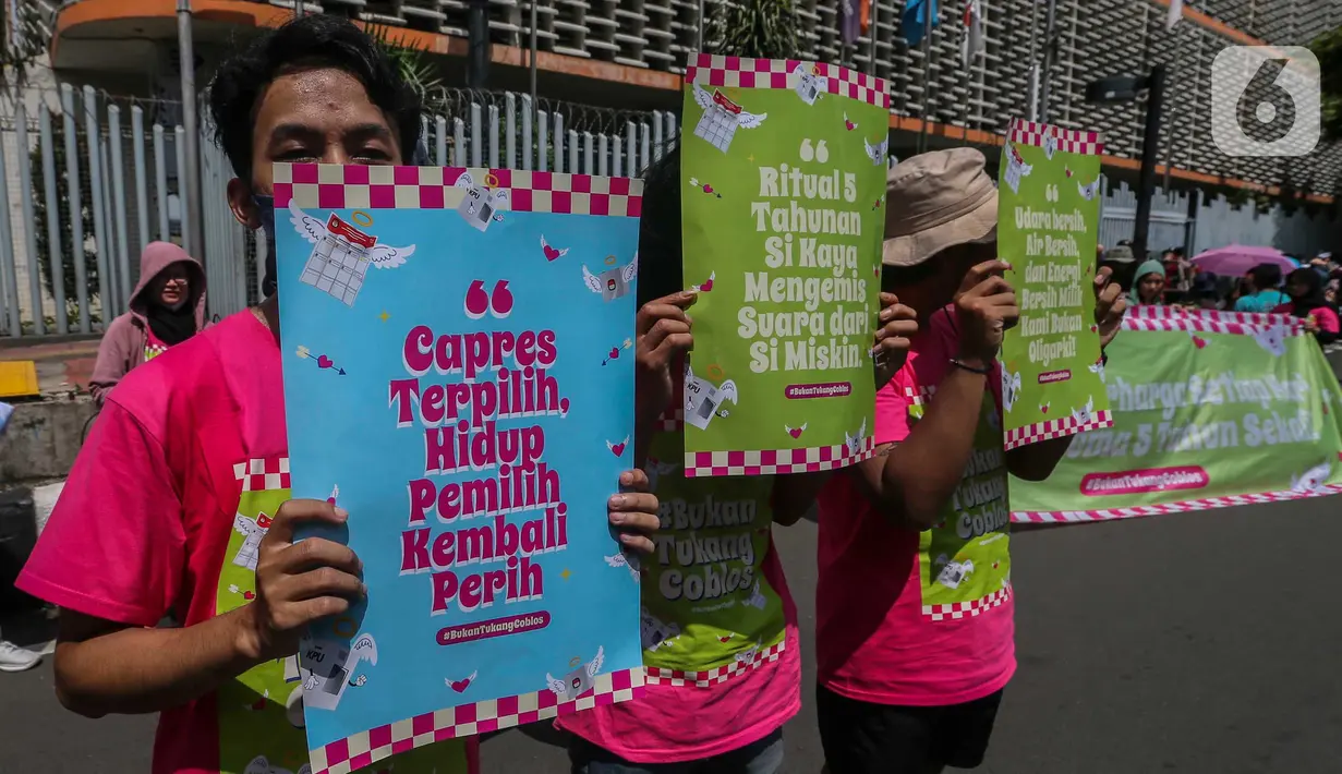 Serta menyerukan agar warga untuk lebih cerdas dalam memilih Capres dan Cawapres 2024 yang dapat menyelesaikan persoalan lingkungan dan krisis iklim, demokrasi dan perlindungan HAM. (Liputan6.com/Angga Yuniar)