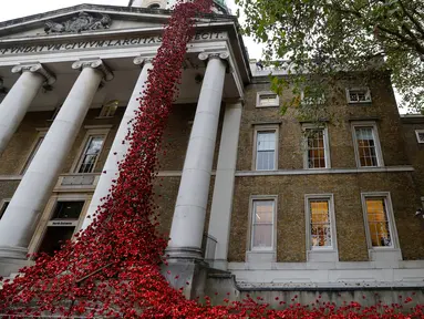Pajangan karya seni bunga poppy bertajuk 'Weeping Window' dipasang di The Imperial War Museum, London, Kamis (4/10). Patung bunga poppy tersebut merupakan karya seniman Paul Cummins dan desainer Tom Piper. (AP Photo/Kirsty Wigglesworth)