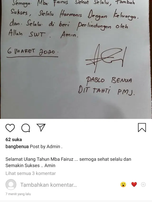 ucapan ultah Fairuz A Rafiq dari Pablo Benua (Instagram)