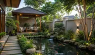 8 Desain Sudut Rumah yang Menggabungkan Kolam Ikan, Taman, dan Gazebo Kecil