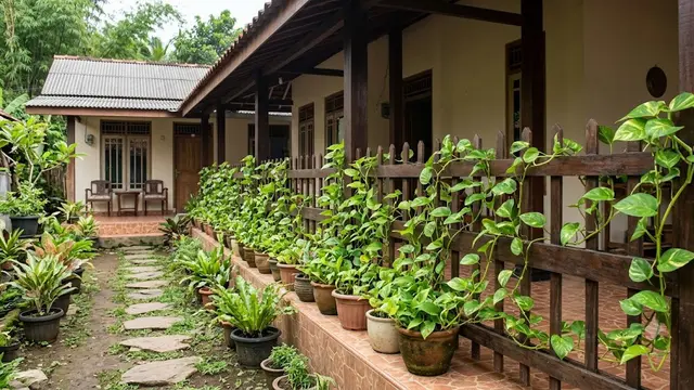 Ide Teras Rumah dengan Sirih Gading dan Pagar Kayu yang Desainnya Estetik Penggugah Kenyamanan Model Teras Memanjang dengan Pagar Kayu Rendah