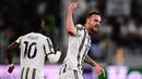 Pemain Juventus, Federico Gatti melakukan selebrasi setelah mencetak gol penyeimbang 1-1 ke gawang Sevilla pada laga leg pertama semifinal Liga Europa 2022/2023 di Allianz Stadium, Juventus, Jumat (12/05/2023) WIB. (AFP/Marco Bertorello)