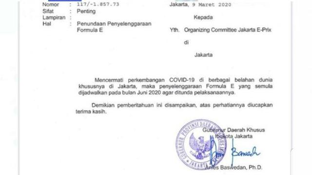 Surat penundaan Formula E 2020.
