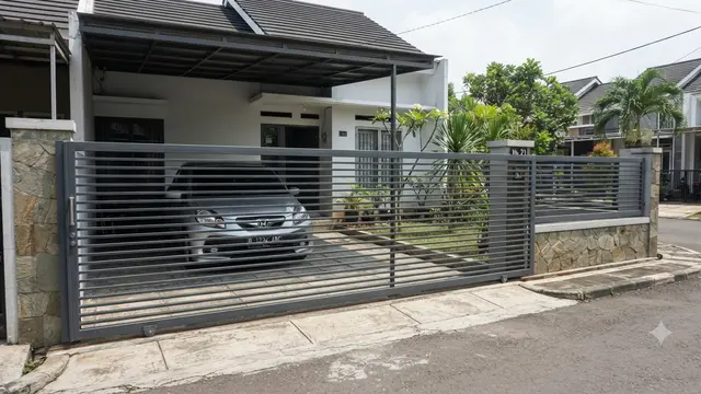 Inspirasi Pagar Geser untuk Rumah Tipe 36 dengan Carport 1 Mobil yang Aman dari Maling Model Bilah Horizontal