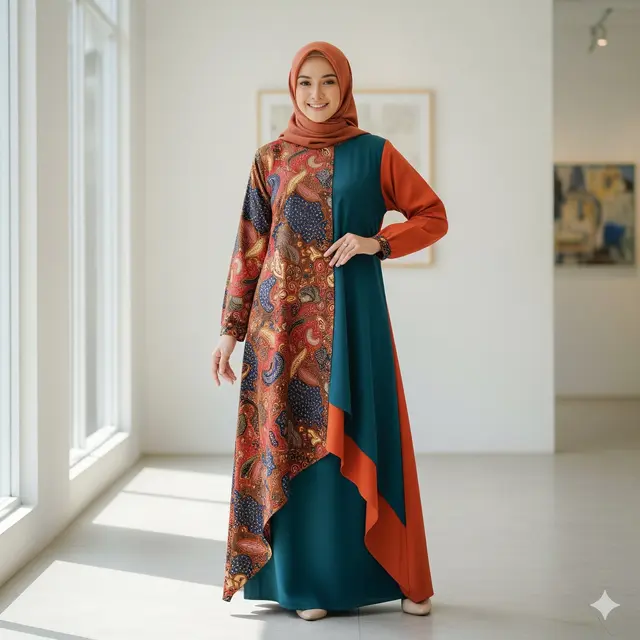 Gamis Batik Kombinasi Polos Desain Asimetris