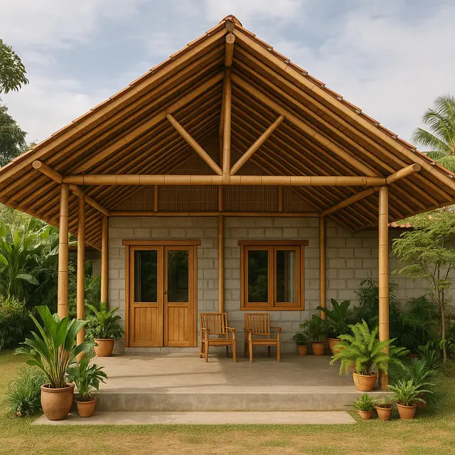 Rumah Bambu dan Batako Gaya Tropis dengan Teras Luas (ChatGPT)