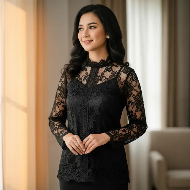 9 Model Atasan Brokat Warna Hitam Elegan, Gaya Klasik Modern