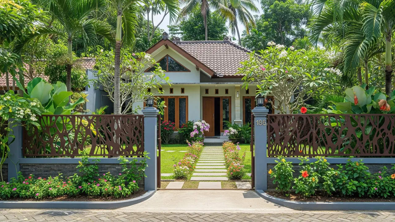 Konsep Rumah Asri dengan Pagar Artistik dan Bunga Mini/Gemini Ai
