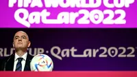 Presiden FIFA Gianni Infantino dalam konferensi pers di Qatar National Convention Center (QNCC), Doha,&nbsp;Sabtu, 19 November 2022, menjelang Piala Dunia Qatar 2022. (GABRIEL BOUYS / AFP)