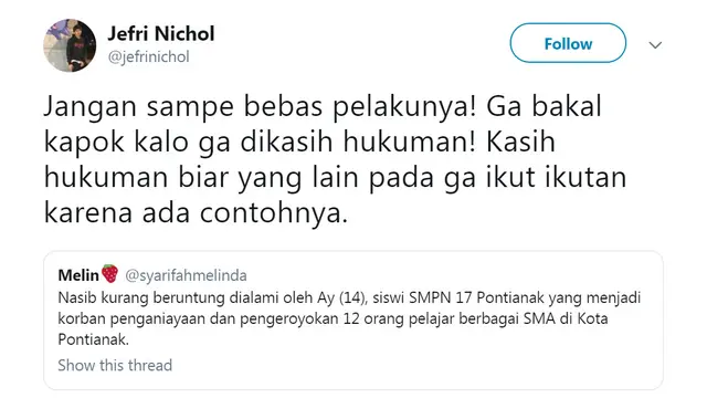 Jefri Nichol dukung pelaku kekerasan terhadap Audrey ditahan (https://twitter.com/jefrinichol/status/1115537224232132608)