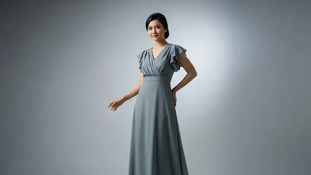 V-neck Long Dress Kombinasi Polos Lengan Ruffle