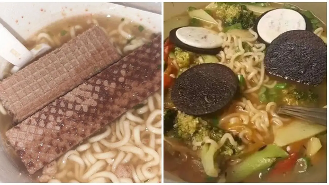 6 Potret Nyeleneh Mi Kuah Pakai Topping Wafer dan Biskuit, Disebut Sekte Baru