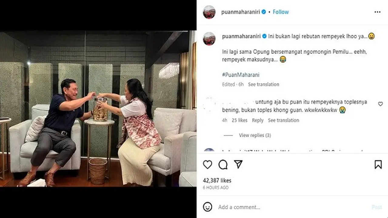 Ketua DPR RI, Puan Maharani mengunggah foto bersama Menteri Koordinator Bidang Kemaritiman dan Investasi (Menko Marves) Luhut Binsar Pandjaitan di akun Instagramnya pada Senin 25 Agustus 2023. (sumber: Instagram @puanmaharaniri)