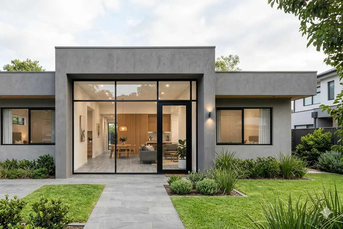 Inspirasi Desain Rumah 1 Lantai Pintu Kaca Besar. Gemini