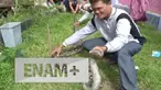 Ular Phyton yang telah memangsa ayam bersarang di lantai kantor BKD Provinsi Bengkulu. Beruntung warga dan staf kantor bisa menangkap ular itu dan memindahkannya ke tempat yang aman.