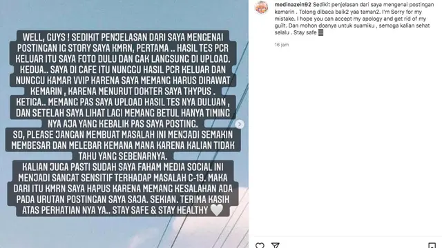 Medina Zein Berikan Penjelasan Usai Dituding Keluyuran Bareng Suami yang Positif Covid-19. (instagram.com/medinazein92)