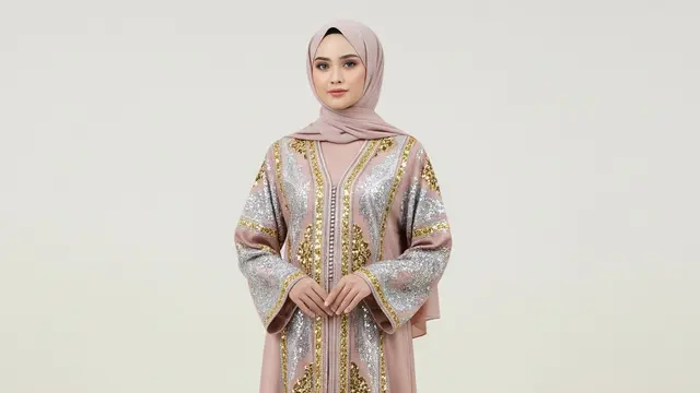 Gamis Abaya Turki dengan Bordir Kontras dan Payet