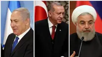 PM Netanyahu dari Israel, Presiden Erdogan dari Turki, dan Presiden Rouhani dari Iran. Dok: AP dan AFP