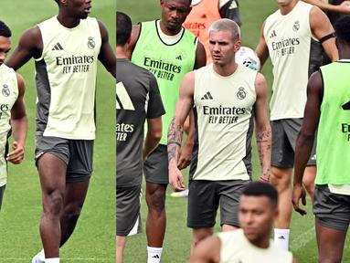 Dua dari sejumlah rekrutan baru Real Madrid, Trent Alexander-Arnold dan Franco Mastantuono tampak sudah mulai mengkuti latihan menjelang musim baru Liga Spanyol 2025/2026. (AFP/Javier Soriano)