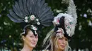 Dua wanita memakai hiasan kepala berpose saat tiba untuk menyaksikan balap kuda Royal Ascot horse di Ascot, London, (20/6). Mereka tampil gaya saat menyaksikan kompetisi balap kuda ini. (AFP Photo/Daniel Leal-Olivas)