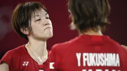 Wakil Indonesia ini sukses mengalahkan unggulan pertama asal Jepang, Yuki Fukushima/Sayaka Hirota di Musasino Forest Sport Plaza, Selasa (27/7/2021). (Foto:AFP/Alexander Nemenov)