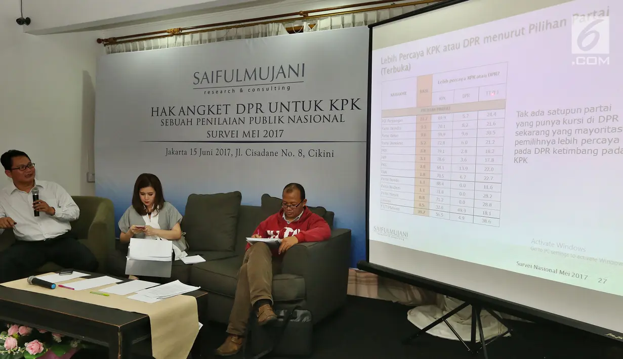 Direktur Program SMRC, Sirojudin Abbas (kiri) memberikan pemaparan terkait hasil survei yang baru saja dilakukan oleh SMRC, Jakarta, Kamis (15/6). Hasil survei SMRC menyebutkan bahwa publik masih percaya KPK sebesar 64%. (Liputan6.com/Johan Tallo) 